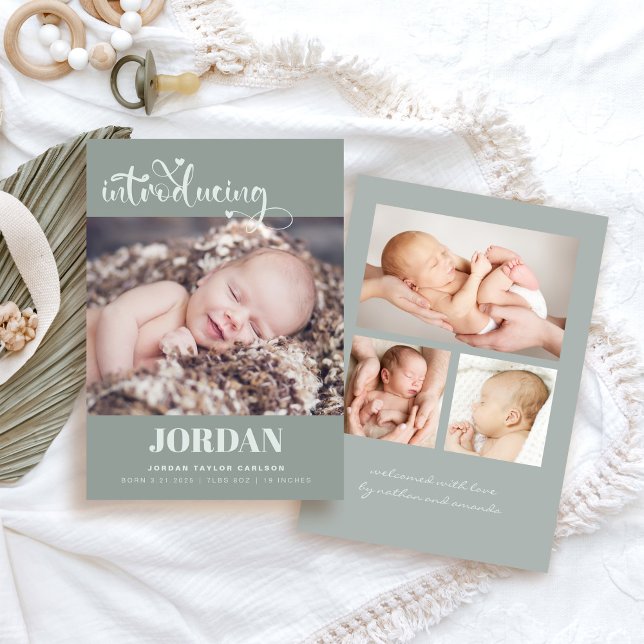 Enkel, modern fotosamling med skript Sage Birth Meddelande (Skapare uppladdad)