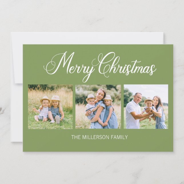 Enkel Modern God jul 3-fotoGrönt Julkort (Framsida)