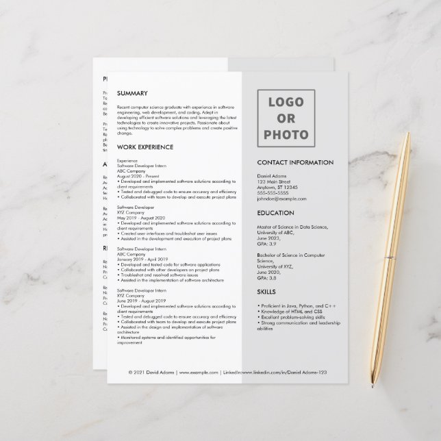 Enkel Modern Grått White Grad Återuppta CV-mall (Fram/Back In Situ)