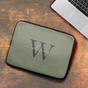 Enkel Modern Grönt Monogram Namn & Initial Laptop Fodral