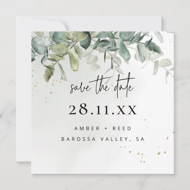 Enkel modern Grönt och Guld Greenery Square Spara Datumet (Framsida)