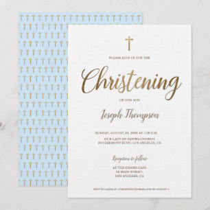 Enkel Modern Guld Kor-pojkblå Christening Inbjudningar