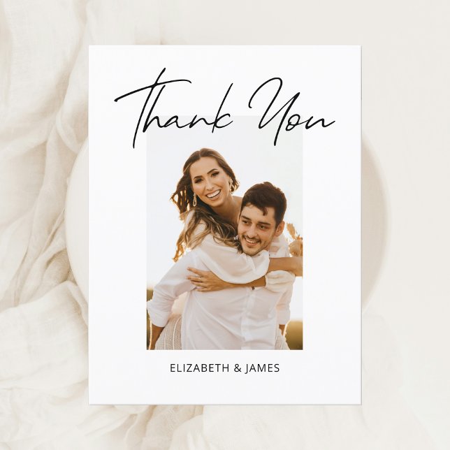 Enkel, modern handskriven foto Bröllop Tack Vykort (Simple Minimalist Thank You Wedding Card)