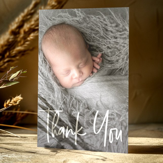 Enkel modern handskriven fotobaby  tack kort (Simple baby photo shower thank you card.)