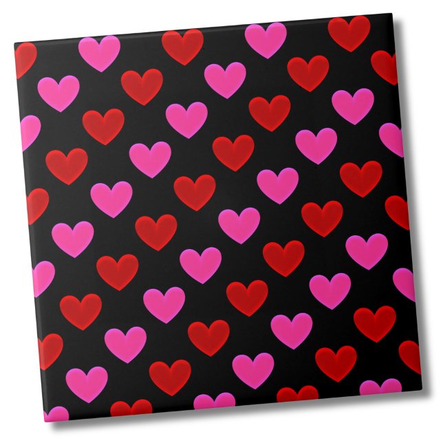 Enkel Modern Heart Mönster Kakelplatta (Cute Bright Modern Black Pink Red Heart Pattern Ceramic Tile)