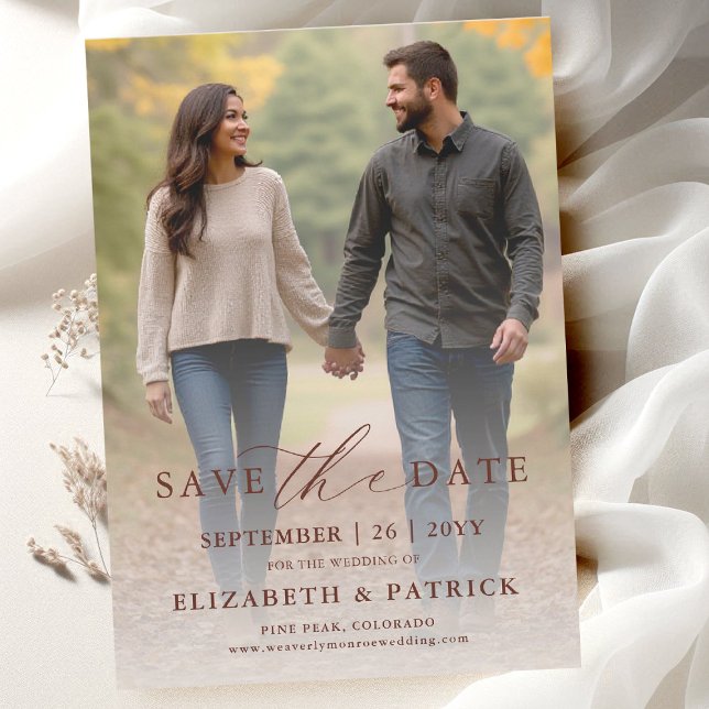 Enkel Modern Höst Terrakotta Modern Foto Bröllop Spara Datumet (simple fall wedding photo save the date card template calligraphy typography modern minimalist )