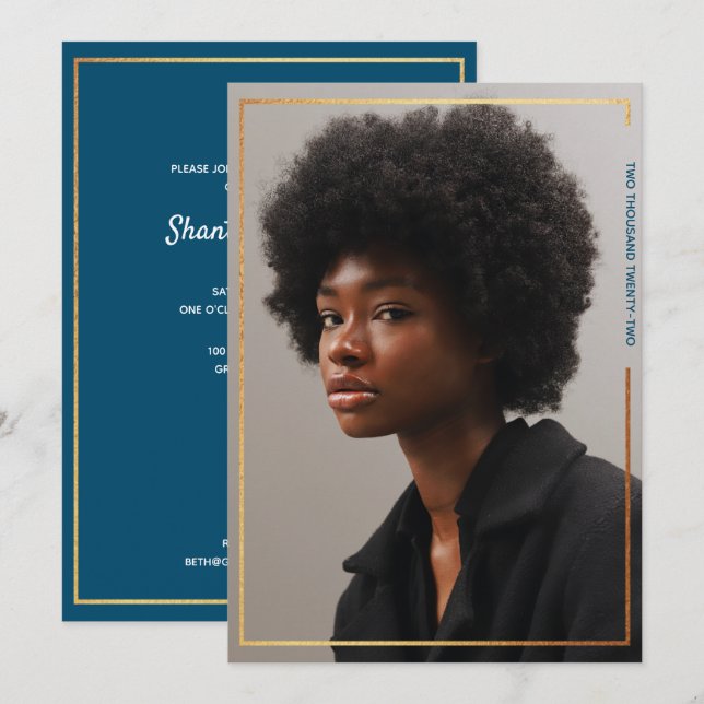 Enkel Modern inbjudan till Studenten Guld Gräns (Fram/baksida)