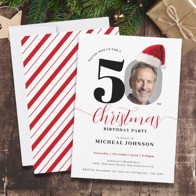 Enkel modern jul 50:e Födelsedagsfesten Inbjudningar (Simple Modern Christmas 50th Birthday Party Invitation)