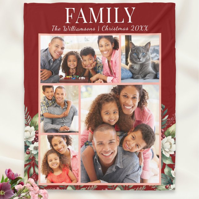 Enkel Modern Julfoto Collage för Familjen Fleecefilt (A cozy fleece blanket personalized with your choice of photos, your name and the year)
