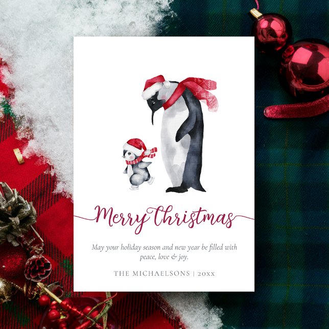 Enkel modern julpenguin botaniskt julkort (Simple Modern Christmas Penguin Botanical Holiday Card)