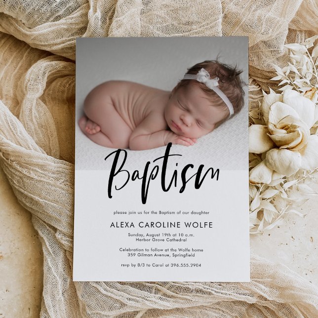 Enkel Modern Kalligrafi-baptismfoto Inbjudningar (Skapare uppladdad)