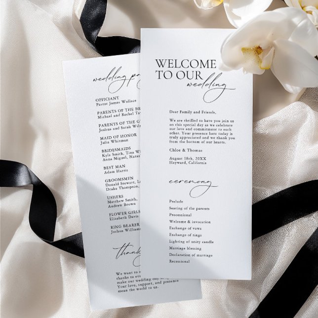 Enkel Modern Kalligrafi Vit Bröllopsprogram (Simple Modern Calligraphy White Wedding Program)