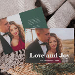 Enkel modern | Kärlek och Joy with Photo Julkort<br><div class="desc">Det här enkla och snyggt helgdag-fotokortet säger "Kärlek and Joy" i fetstil,  vit elegant,  modern typografi med ditt favoritfoto i din familj på kortets framsida. Ditt personliga budskap om helgdag kan gå på baksidan,  med en minimalistisk grönt och vit design.</div>