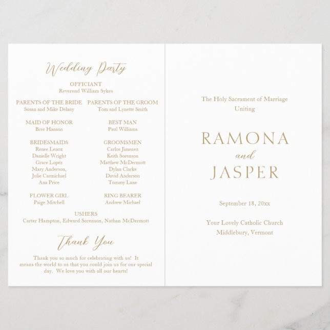 Enkel modern katolsk vigselprogram med guld reklamblad (Framsidan)