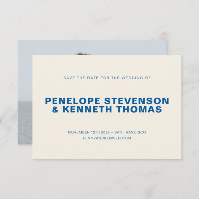 Enkel Modern Koboltblå Bröllopsfoto Spara Datumet (Fram/baksida)