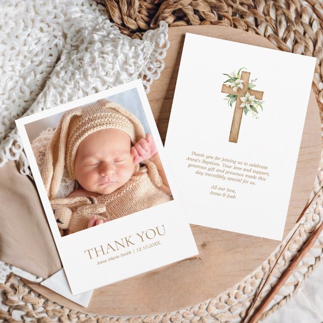 Enkel, modern Kor-minimalistisk fotobaptism Tack Kort (Minimalist Baptism Thank you Card with Photo and Watercolor Floral Cross)
