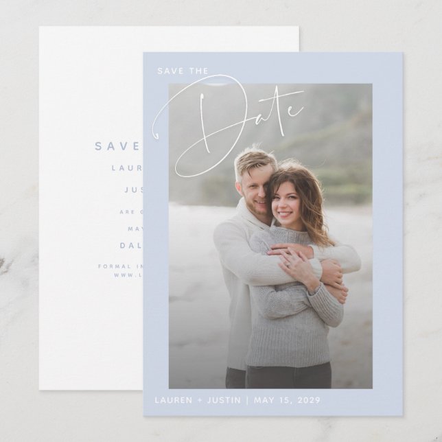 Enkel, modern ljusblå och vit foto Bröllop Spara Datumet (Fram/baksida)