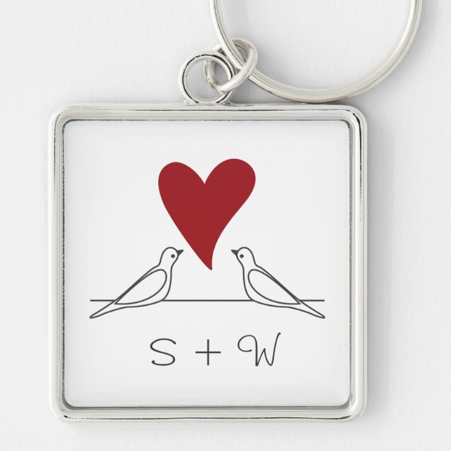 Enkel modern Love birds Red Heart Monogram Fyrkantig Silverfärgad Nyckelring (Framsidan)
