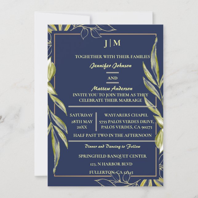 Enkel modern marin i Monogram Olive Gren Inbjudningar (Framsida)