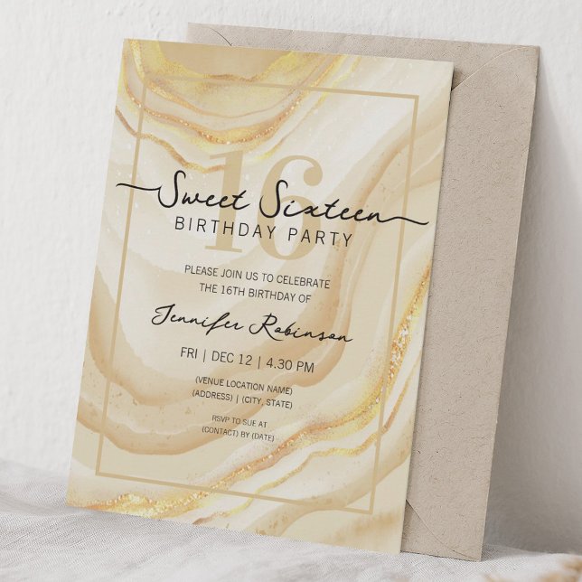 Enkel Modern Marmor Sweet 16 Sexton Födelsedagsfes Inbjudningar (Simple Modern Marble Sweet 16 Sixteen Party Gold Invitation)