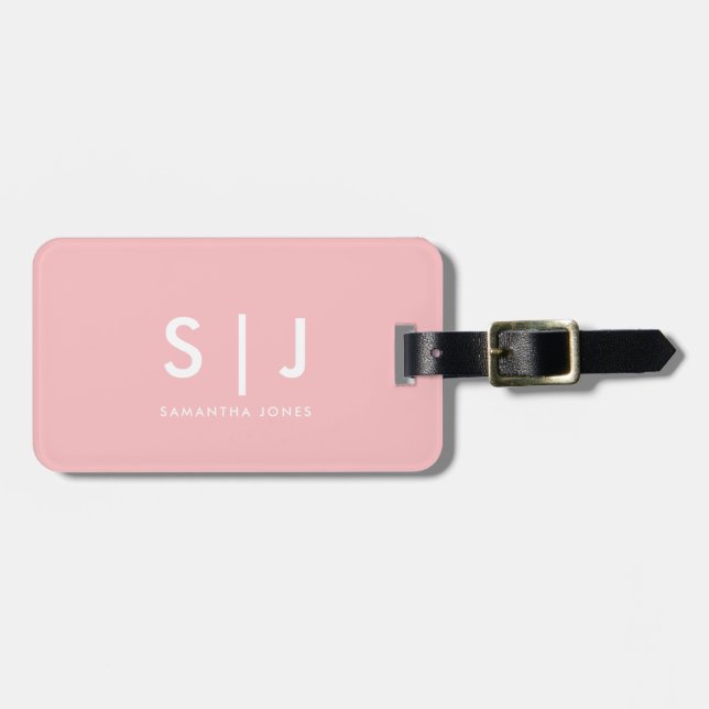 Enkel, modern, minimal monogram Rosa och vit Bagagebricka (Horisontell Framsida)