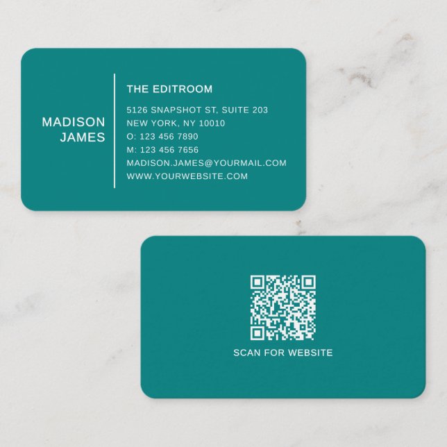 Enkel Modern Minimal Teal QR-kod Visitkort (Fram/baksida)