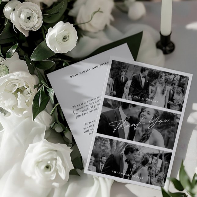 Enkel, modern, minimalistisk 3-foto-Bröllop Tack Kort (Simple Modern Minimalist 3 Photo Wedding Thank You Card)