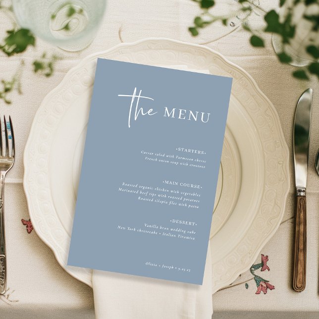 Enkel modern minimalistisk | Dammig blå bröllopsme (A modern and minimalist dusty blue wedding menu)