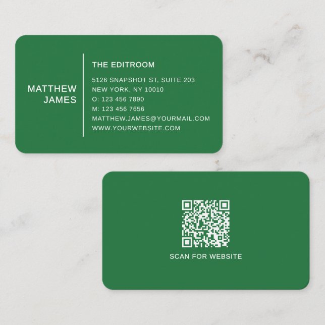 Enkel Modern Minimalistisk Matt Grön QR-kod Visitkort (Fram/baksida)