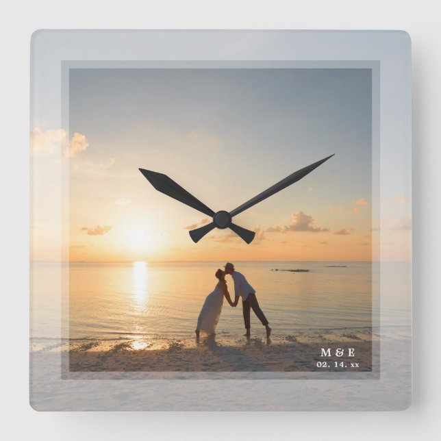 Enkel, modern, minimalistisk minnesfoto för Bröllo Fyrkantig Klocka (Framsida)