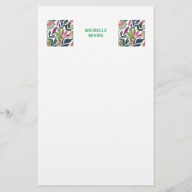 Enkel Modern Minimalistisk Namn Blommig Grönska Brevpapper (Framsida)
