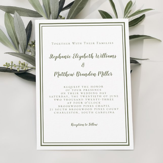 Enkel modern, minimalistisk Oliv grönt vit Bröllop Inbjudningar (Simple Modern Minimalist Olive Green White Wedding Invitation)