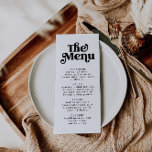 Enkel, modern, minimalistisk Retro Bröllop-meny Meny<br><div class="desc">Det här är en modern minimalistisk meny med 70 inspirerade bröllop med ett sans serif-teckensnitt och ett sans groovy-teckensnitt för vintage. Redigera alla ordalydelser utom "menyn" i den här menymallen. Alla färg är också redigerbara. // Om du vill matcha design söker du efter CHARLI i Nicole Zazzle-butiken uppriktigt. * Om...</div>