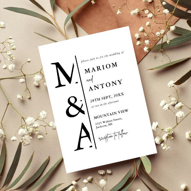 Enkel Modern Minimalistisk Svart Och Vit Bröllop Inbjudningar (Simple modern black and white invitation adds sleek minimalist elegance to your wedding stationery)