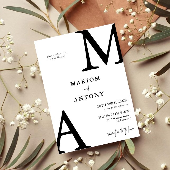 Enkel Modern Minimalistisk Svart Och Vit Bröllop Inbjudningar (Simple modern black and white invitation creates a clean elegant look for your wedding day
)