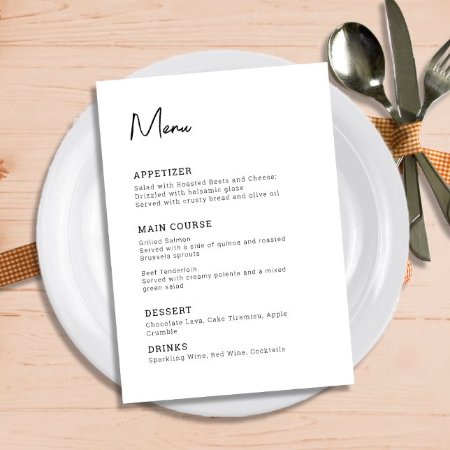 Enkel Modern Minimalistisk Svart och Vit Bröllop Meny (Simple Modern Minimalist Black and White Wedding Menu)