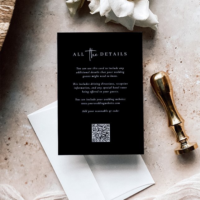 Enkel, modern, minimalistisk svart | Uppgifter om  Tilläggskort (Wedding detail cards with a scannable QR code)