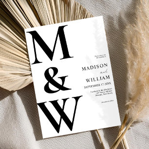 Enkel modern Monogram Black and White Bröllop Inbjudningar