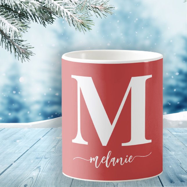 Enkel Modern Monogram Red White Mugg (Personalize with Your Monogram Initial & Name in Stylish Hand Lettered Script)