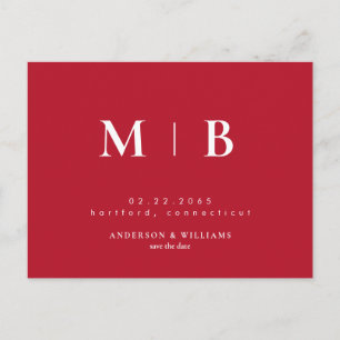 Enkel modern monogram röd Spara datum Meddelande Vykort