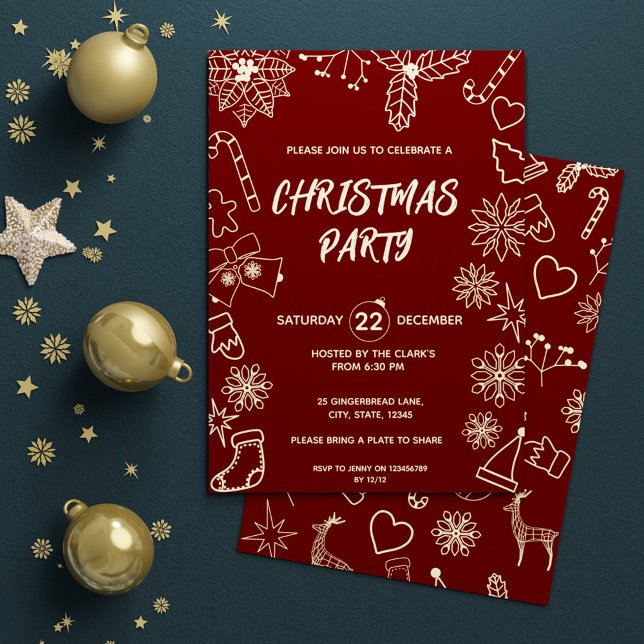 Enkel Modern Mörk Red och Guld Elegant Julafton Pa Inbjudningar (Simple Modern Dark Red and Gold Elegant Xmas Party Invitation)