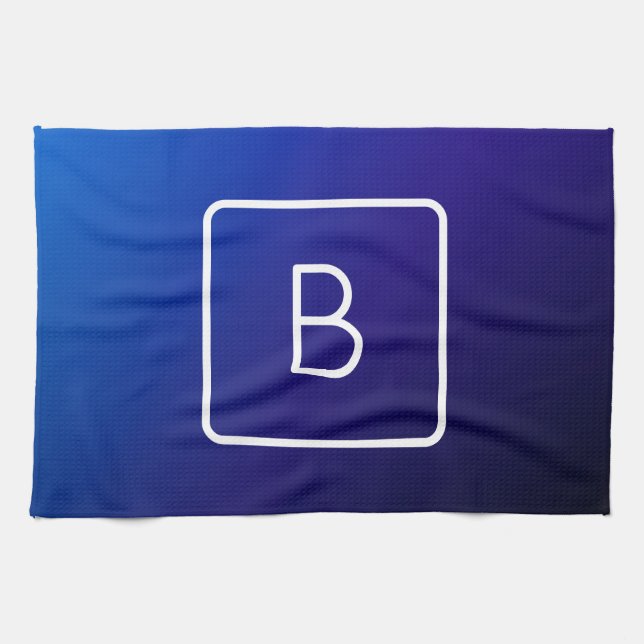 Enkel Modern Mörkblå Ombre-gradient & Monogram Kökshandduk (Horisontell)