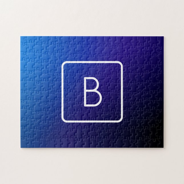 Enkel Modern Mörkblå Ombre-gradient & Monogram Pussel (Horisontell)