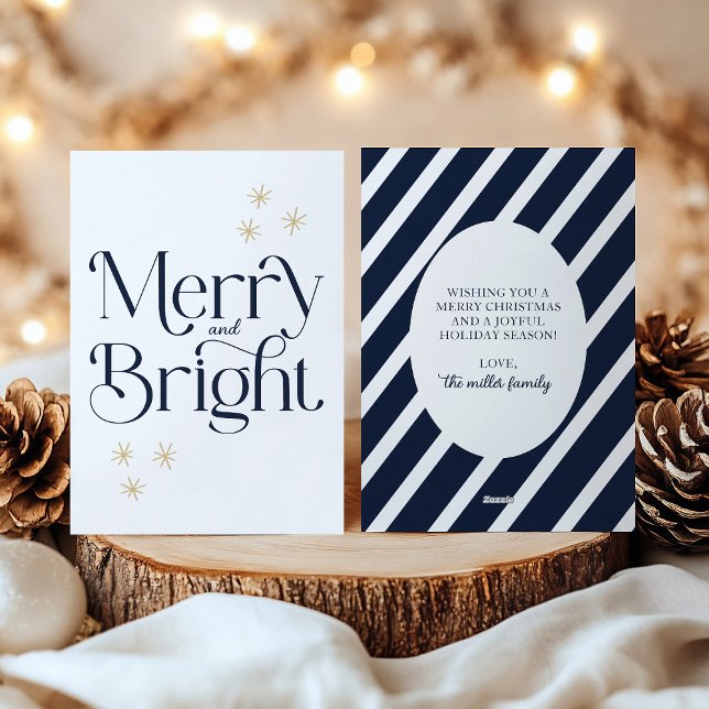 Enkel Modern Navy Blue Rand Merry och Bright Julkort (Skapare uppladdad)