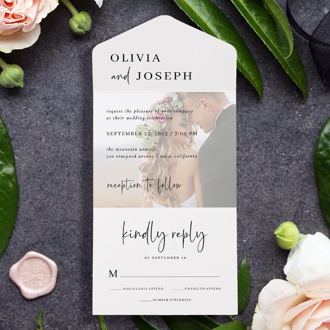 Enkel modern och minimalistisk | Foto Bröllop (A simple and elegant photo all in one wedding invitation with trendy modern script)