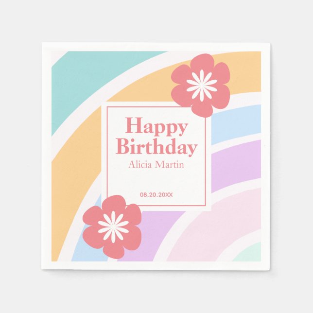 Enkel modern pastel Rainbow Flower Birthday Pappersservett (Framsidan)