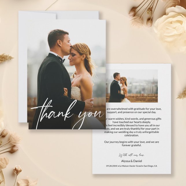 Enkel Modern Personligt bröllp 2-foton Tack Kort (5 x 7 Modern thank you wedding photo cards)