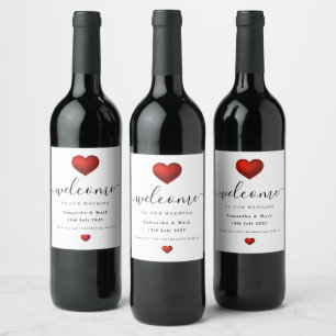 Enkel Modern Red Heart Bröllop Vin-etikett Vinflaska Etikett