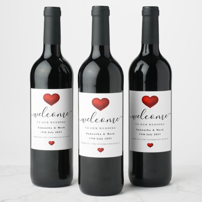 Enkel Modern Red Heart Bröllop Vin-etikett Vinflaska Etikett (Flaskor)