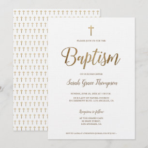 Enkel modern ren vit Kor-flicka i Guld Baptism Inbjudningar